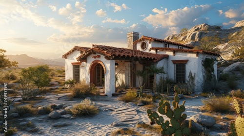 the architectural beauty of a Spanish Revival house with terra cotta roofing, set against a desert landscape photo