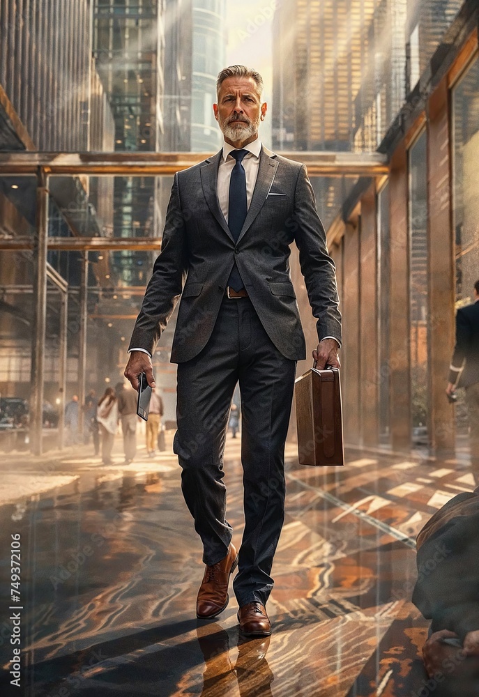 A man in a business suit walking confidently down a city street. He is carrying a briefcase and appears to be in a professional setting, possibly on his way to work or a business meeting.