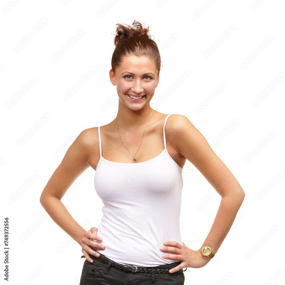 Portrait, confident or woman for fashion, casual or outfit for summer aesthetic on mockup in studio. Female person, smile and arms on hips for funky, stylish and trendy clothing on white background Portrait, confident or woman for fashion, casual or outfit for summer aesthetic on mockup in studio. Female person, smile and arms on hips for funky, stylish and trendy clothing on white background