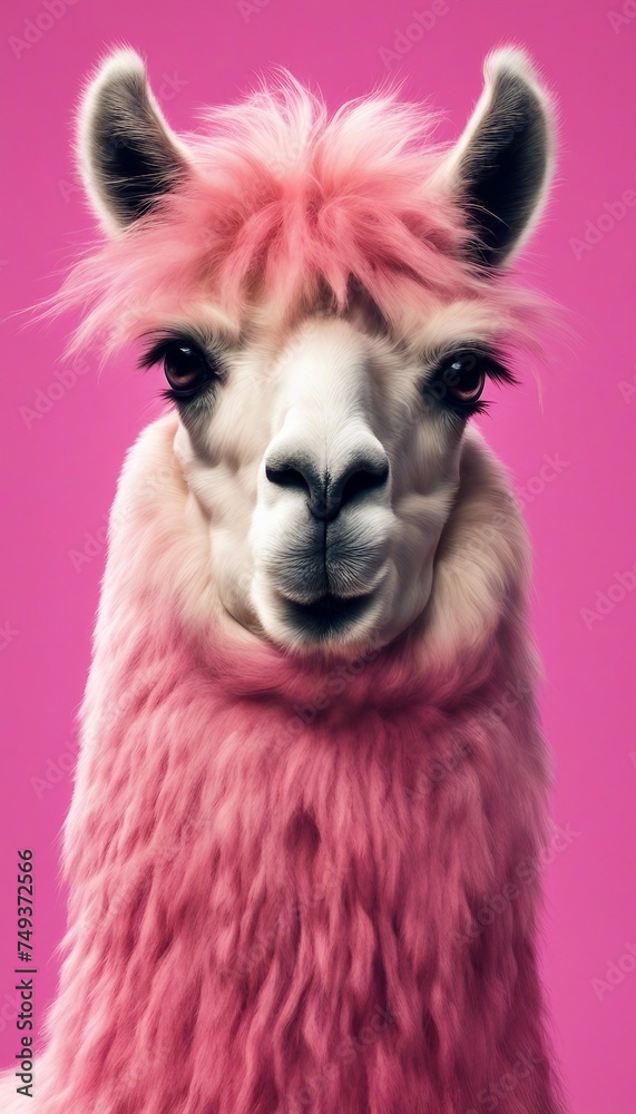 Pink llama with a fuzzy hairdo, positive energy, happy, octane, substance, art history museum 