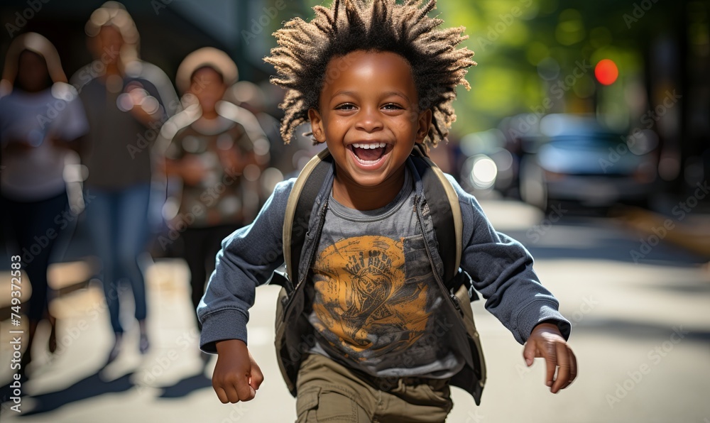 Young Boy With Dreadlocks Running Down the Street - obrazy, fototapety, plakaty 
