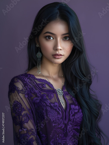 Portrait of a woman with long, dark hair, wearing a detailed purple dress and elegant earrings, set against a soft purple background. The image captures her poised and serene expression, highlighting 