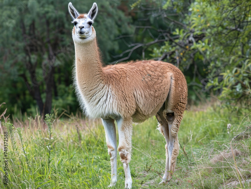 A curious llama standing in a green field, gazing directly at the camera.