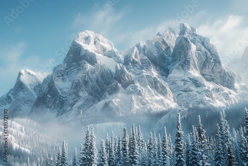 Temperate Boreal forest, taiga, winter ,snow forest on the mountain scene of hill, Pine forest, fog, layers of hills, biome taiga landscape of Featured plants ,Fir, Spruce, hemlock, latch,Wide angle photo