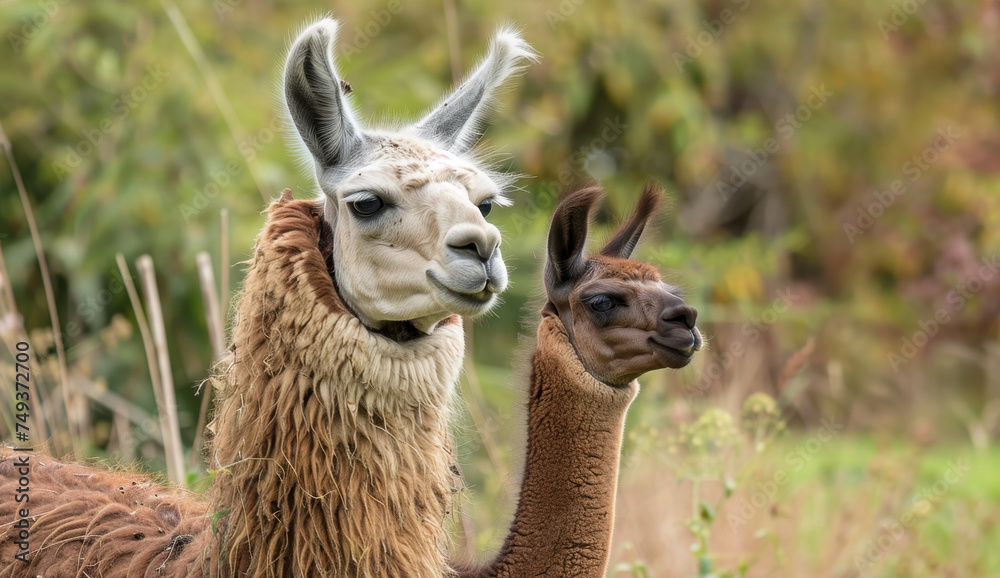 Obraz premium Two llamas, an adult and a juvenile, stand together amidst lush vegetation.