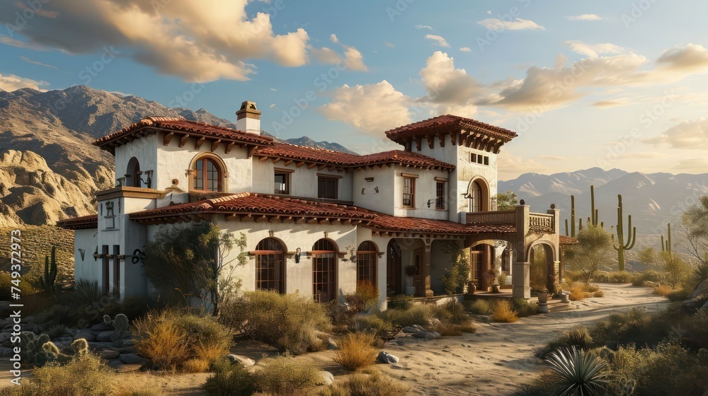 Obraz premium the architectural beauty of a Spanish Revival house with terra cotta roofing, set against a desert landscape