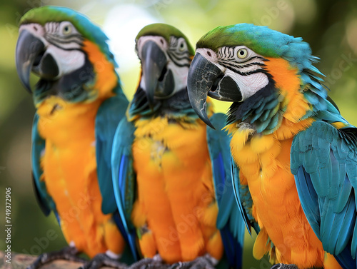 Trio of blue and yellow macaw sit in line on a tree branch. © Jan