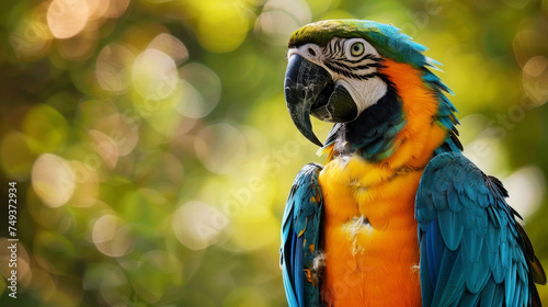 Majestic macaw portrait with detailed colorful plumage against a blurred background.
