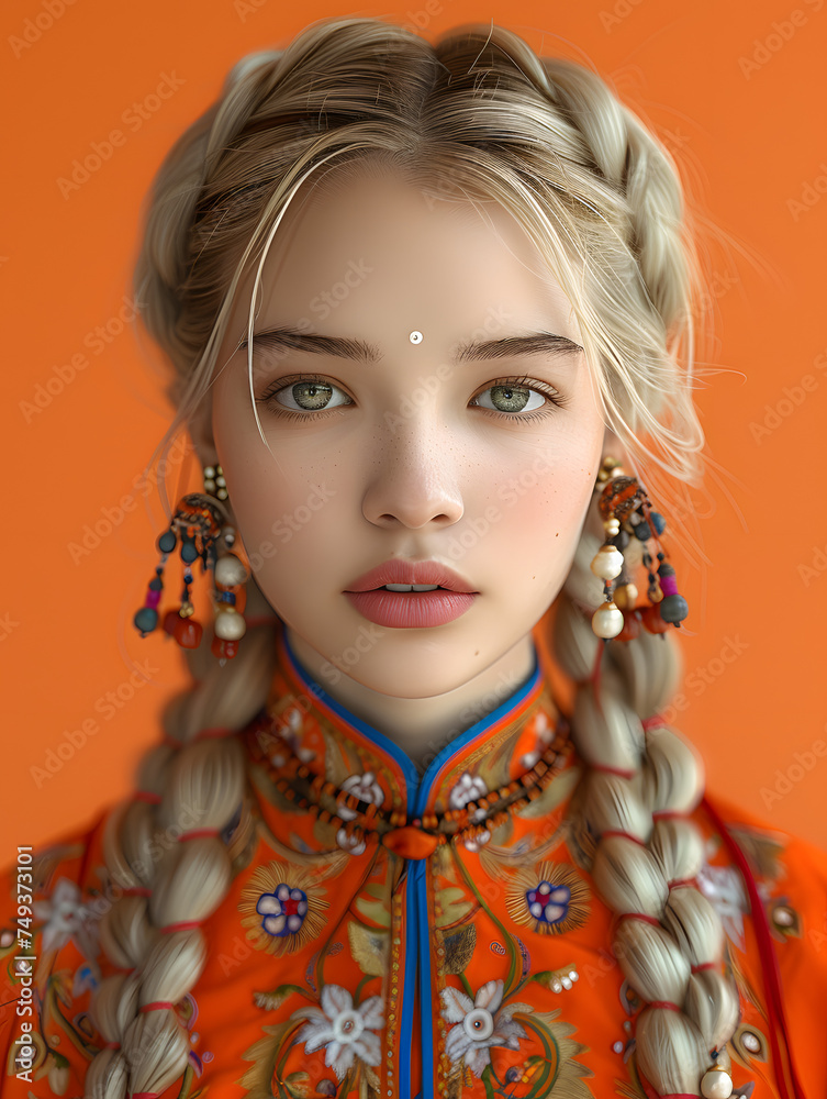 An image of a young woman with light blonde hair styled in braids. She has a small decorative bindi on her forehead, enhancing her delicate features. The woman is adorned with traditional, ornate earr An image of a young woman with light blonde hair styled in braids. She has a small decorative bindi on her forehead, enhancing her delicate features. The woman is adorned with traditional, ornate earr