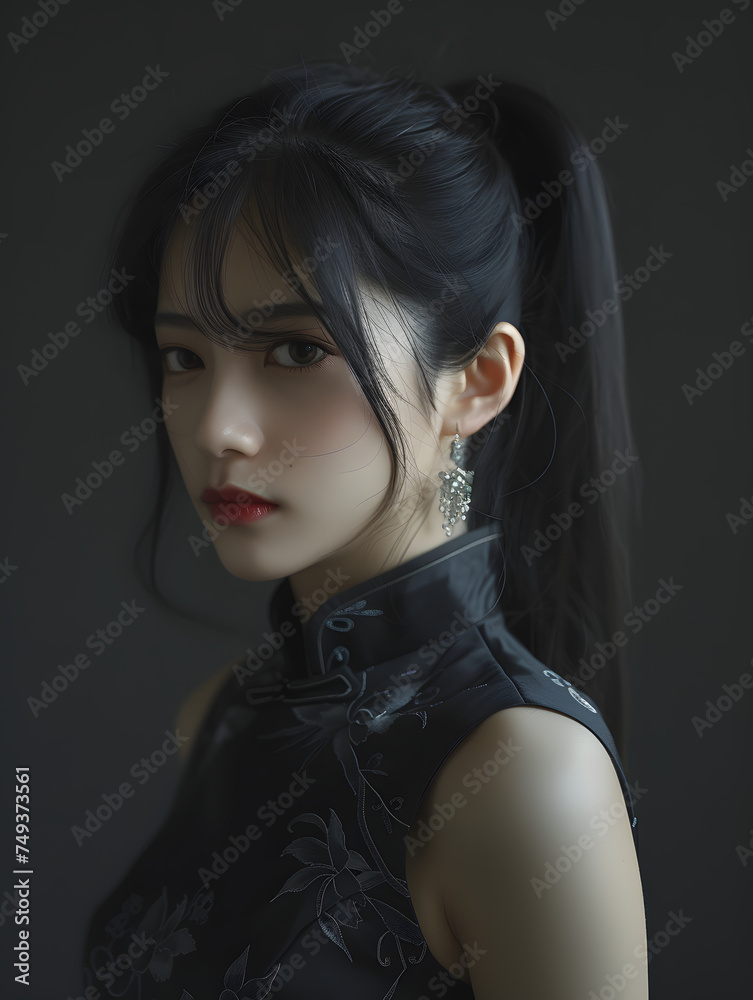 A striking portrait of a young woman with dark hair in a high ponytail, wearing a stylish black outfit. Her expression is calm and enigmatic, set against a dimly lit background A striking portrait of a young woman with dark hair in a high ponytail, wearing a stylish black outfit. Her expression is calm and enigmatic, set against a dimly lit background
