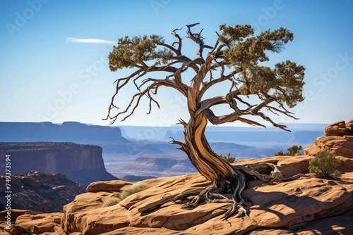 Gnarled juniper against a rugged desert backdrop