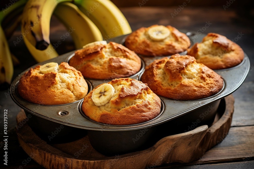 Golden banana muffin batch in rustic tin molds Golden banana muffin batch in rustic tin molds