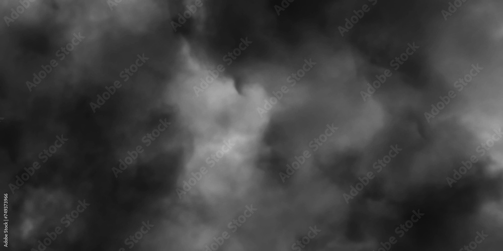 Modern Dark and Dramatic Storm Clouds Area Background. Storm background with gray clouds. Isolated white fog on the black background, smoky effect for photos and artworks. Overlay for photos. - obrazy, fototapety, plakaty 