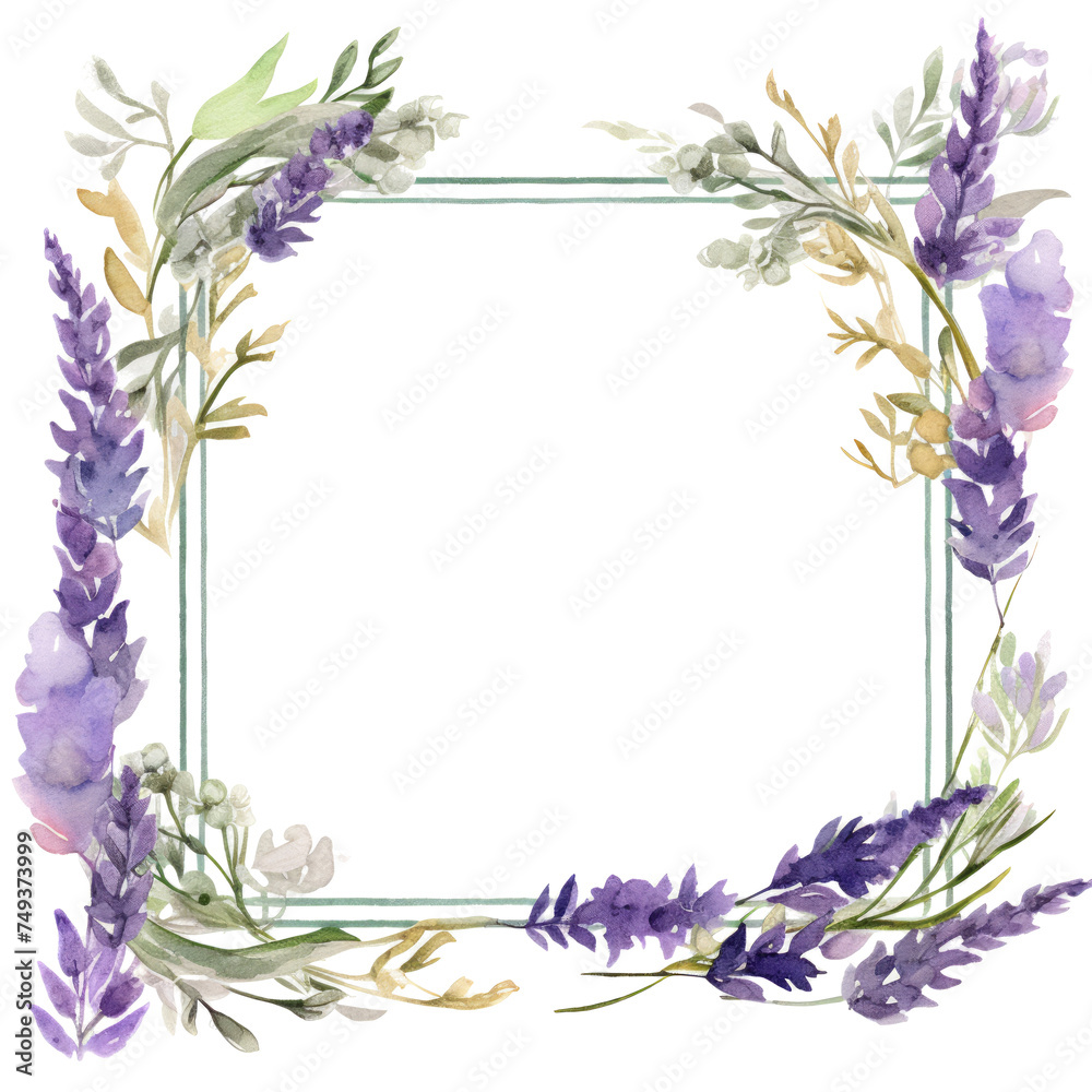 A watercolor frame featuring lavender flowers and herbs, perfect for a lavender-themed wedding