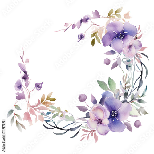 Delicate watercolor flowers in shades of lavender and lilac  intertwined with greenery to form