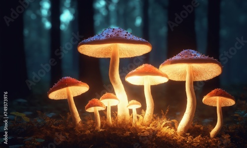 Mushrooms growing in the forest at night. Amanita muscaria