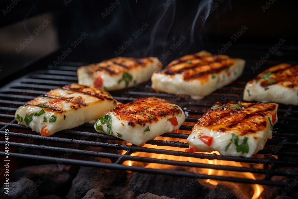 Halloumi slices grilling over open flame Halloumi slices grilling over open flame