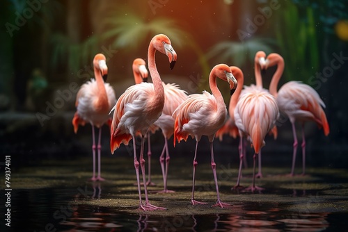 Group of flamingos resting, some standing on one leg