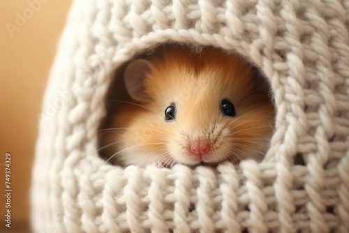 Hamster inside a cozy knit hat, peeking out