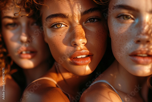 Close up portrait of three natural beautiful young girls