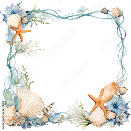 watercolor frame with seashells, starfish, coral, perfect for a beach or coastal wedding invitation
