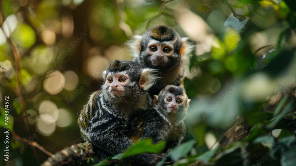 Mother marmoset cuddling her babies in the forest, with a focus on their close bond.