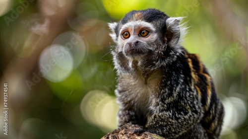 A marmoset perched on a branch with a bokeh green background, looking curious.