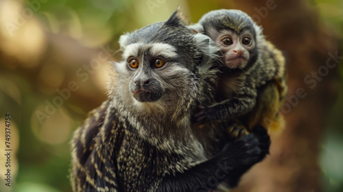 Mother marmoset cuddling her baby in the forest, with a focus on their close bond.