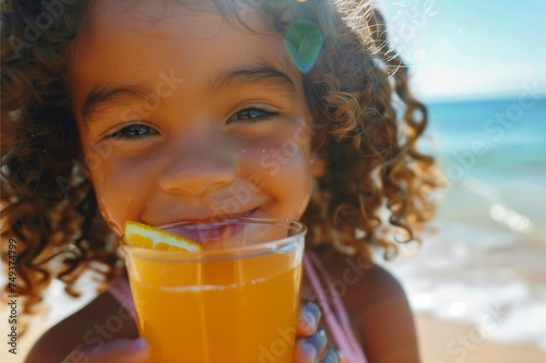 A kid is smiling while drinking orange juice from glasses in the summer at the beach