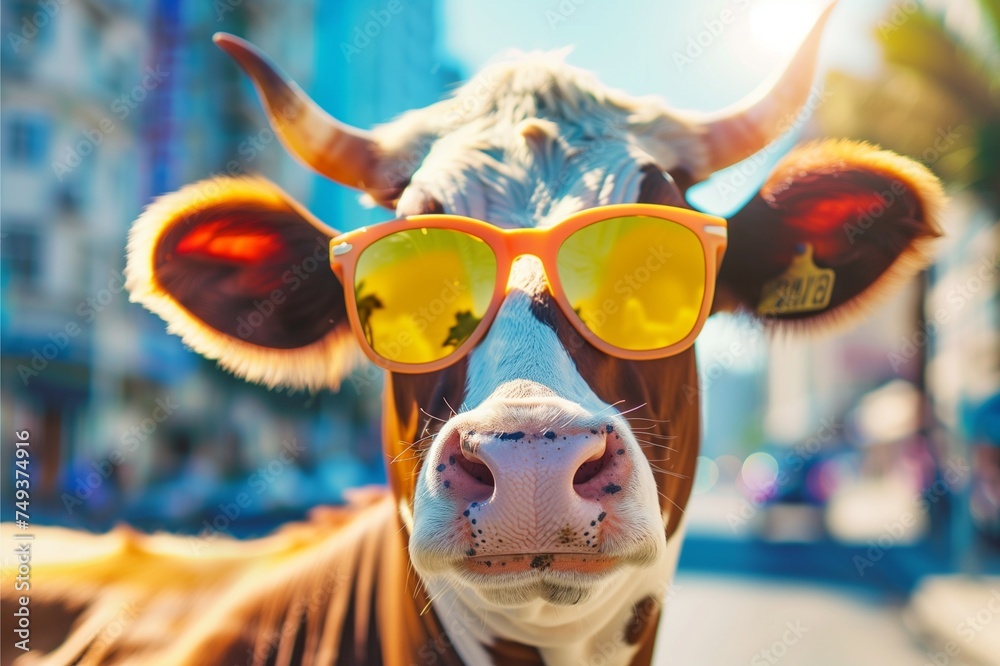 A close-up image featuring a cow wearing sunglasses, capturing a fun and festive atmosphere with a summer vibe, including elements of humor and playfulness