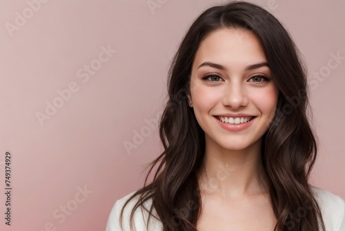Gorgeous young woman with wavy hair on a pastel pink background.