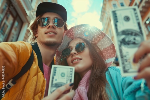 A couple from young generation holding money to bragging and enjoying a sunny day in the city park, smiling and having a great time together