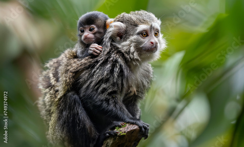 A baby marmoset riding on its mother's back, both alert and watching their surroundings.