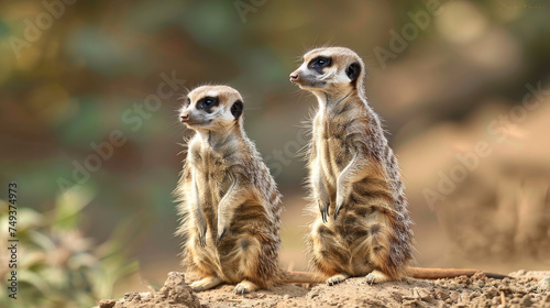 Two meerkats on alert, standing upright on sandy terrain, watching attentively.