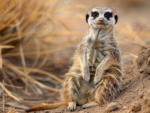 A solitary meerkat sits on the ground, observing its surroundings intently.