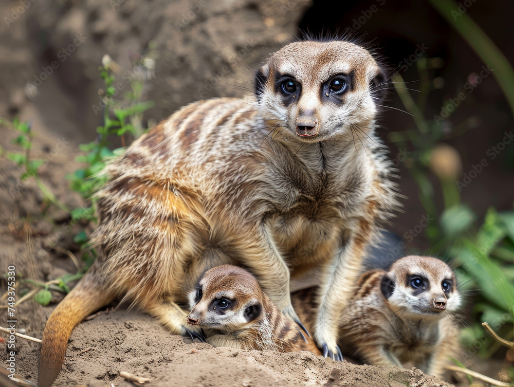 Fototapeta premium A family of meerkats on the lookout, huddled together in their natural habitat.