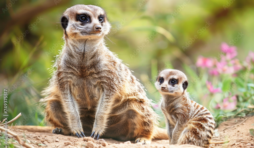 A pair of meerkats a mother and its kid stand upright, watchful and alert, in a natural setting. A pair of meerkats a mother and its kid stand upright, watchful and alert, in a natural setting.