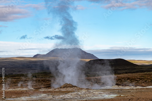 Panoramic view over the Namafjall Geothermal Area or Hverir area on the east side of Lake Mývatn on Iceland known for steamy sulphur vents and boiling mud pots photo