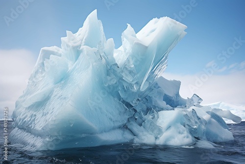 Iceberg calving caught mid-motion, splinters of ice scattering photo