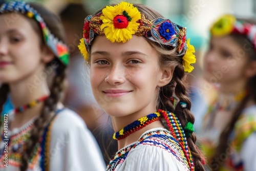 Ukrainian people nationality concept,yellow and blue colors photo