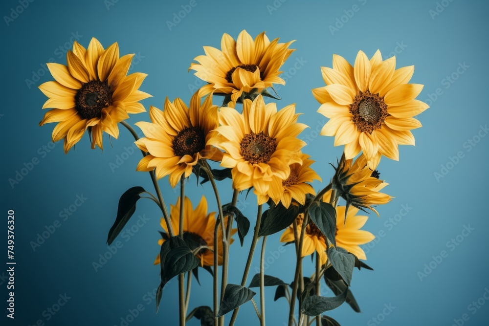 Fototapeta Decorated sunflowers for ukrainian independence day celebration on a vibrant blue background