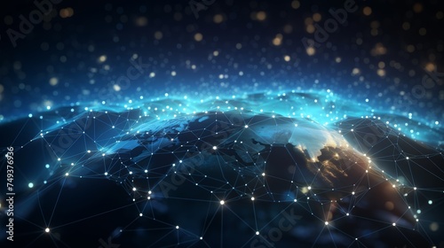 Digital network spanning across the globe, illustrating interconnected nodes and data exchange over the Earth with a dynamic bokeh effect