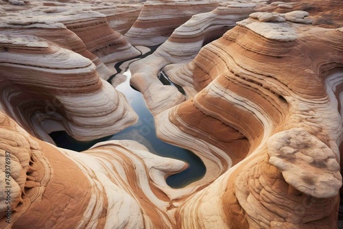 An aerial view of a labyrinthine canyon formed by years of water and wind erosion photo