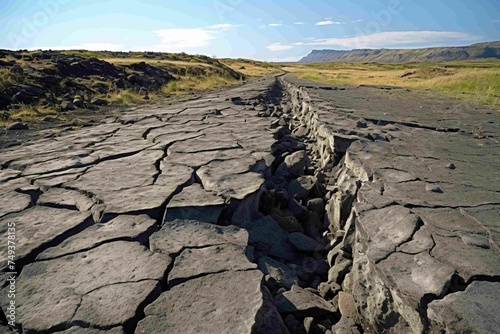 Cracks and fissures in the ground near a volcanic site