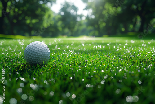 A golf ball has fallen on a golf course on a bright and sunny morning