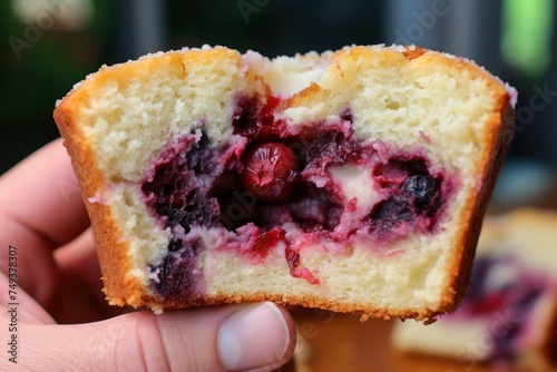 Cross-section of muffin revealing berry pockets photo