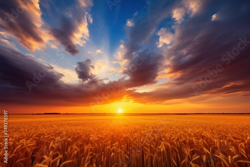 Cumulus clouds over golden wheat fields at sunset © Dan
