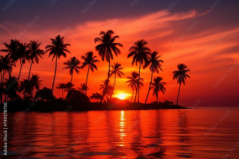 Fiery sunset illuminating a tranquil sea and silhouetted palm trees