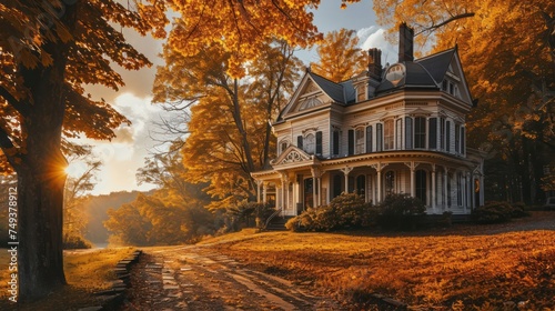 the architectural beauty of a stately Georgian-style house set against a vibrant autumn landscape, radiating classic sophistication photo