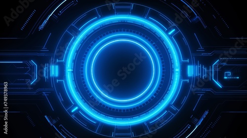 Abstract blueprint of a futuristic cybernetic portal, with concentric circles and intricate circuit patterns emanating a luminous blue glow.